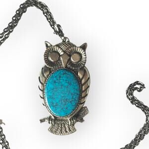 Large owl pendant necklace with faux turquoise tummy